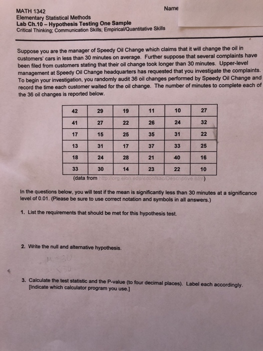 Solved Name MATH 1342 Elementary Statistical Methods Lab | Chegg.com