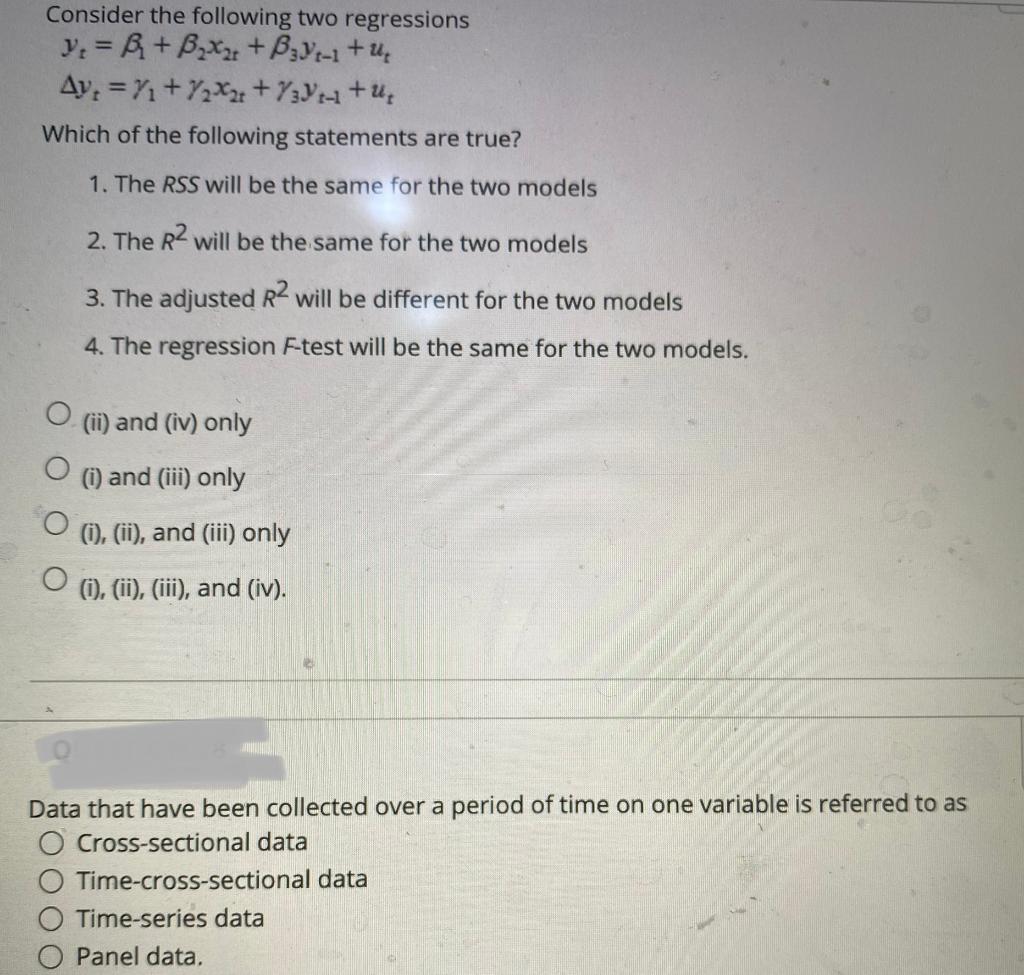 Solved Consider the following two regressions y = A + B x2 + | Chegg.com