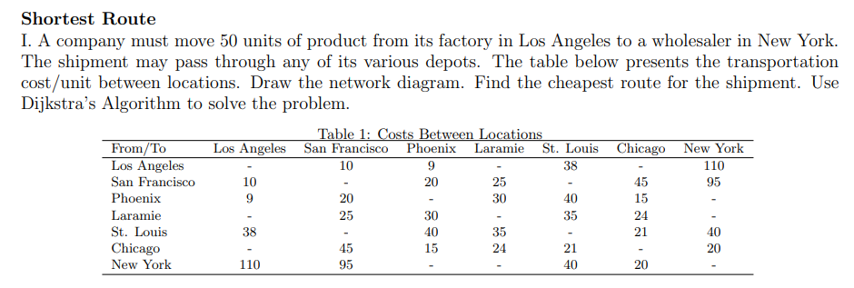 Shortest Route I. A company must move 50 units of product from its factory in Los Angeles to a wholesaler in New York. The sh