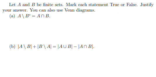 Solved Let A and B be finite sets. Mark each statement True | Chegg.com