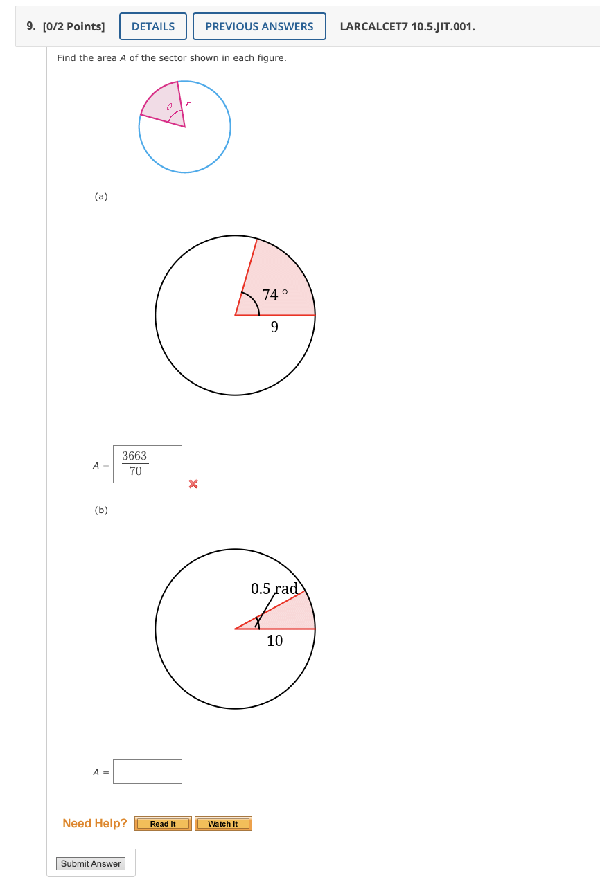 Solved Find the area A of the sector shown in each figure. | Chegg.com