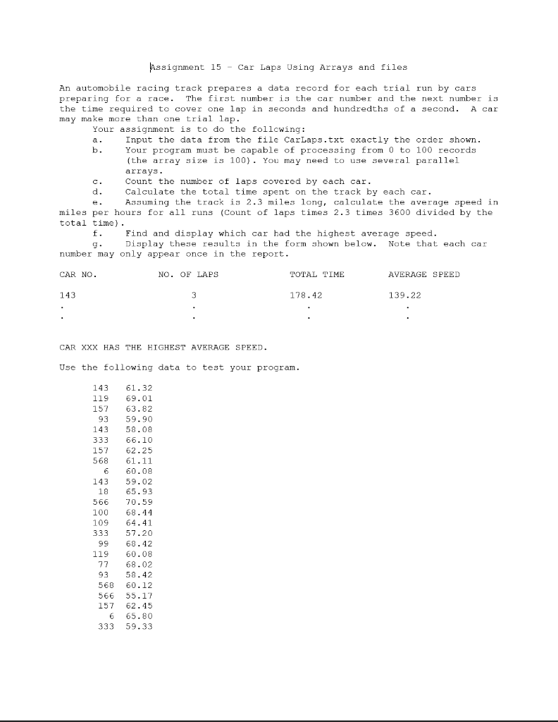 Solved Assignment 15 Car Laps Using Arrays and files An | Chegg.com