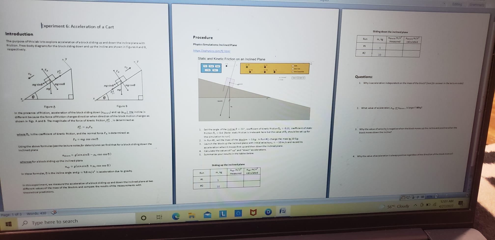 Gramma
Experiment 6: Acceleration of a Cart
Sliding down the inclined plane
Introduction
Procedure
Run
m, kg
Adem
measured
m/