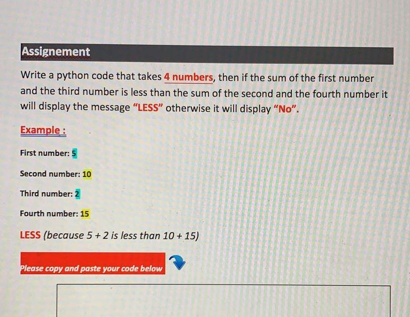 Solved Assignement Write a python code that takes 4 numbers, | Chegg.com