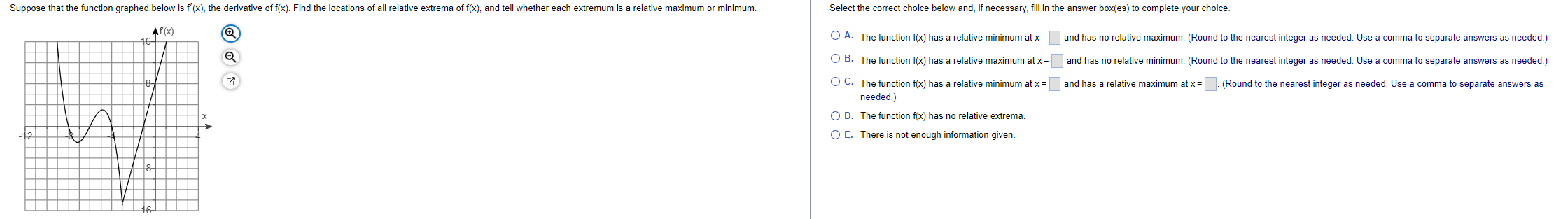 Suppose that the function graphed below is \( f^{\prime}(x) \), the derivative of \( f(x) \). Find the locations of all relat