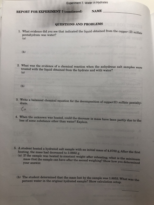 Solved Experiment 7. Water In Hydrates Report For Experiment 