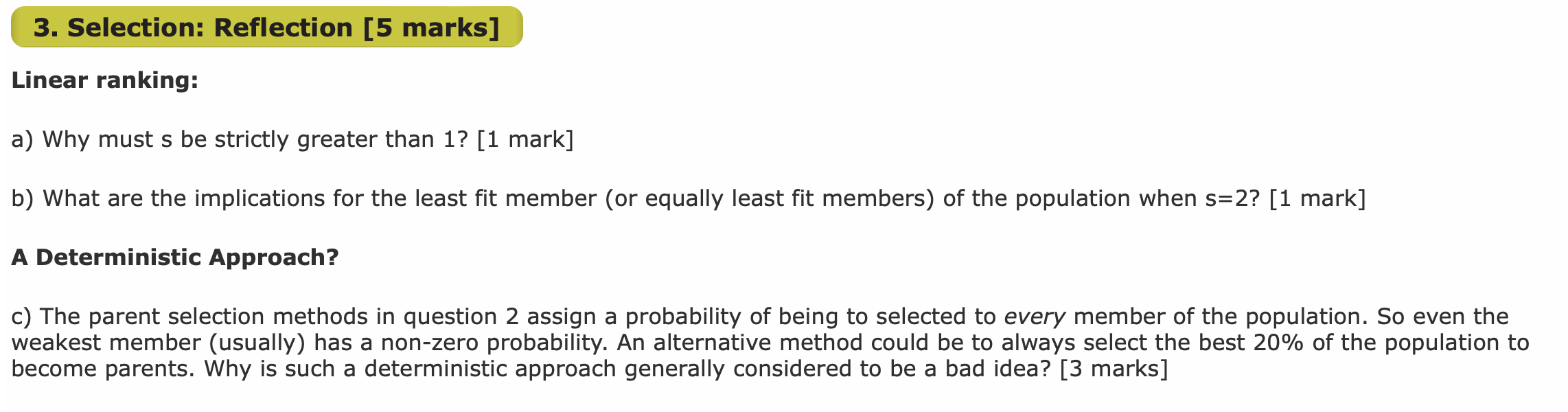 Solved 3. Selection: Reflection [5 marks] Linear ranking: a) | Chegg.com