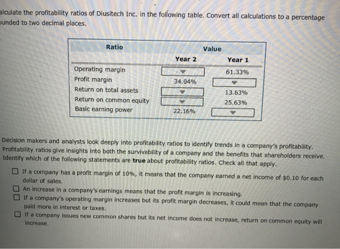Solved lculate the profitability ratios of Diusitech Inc. in