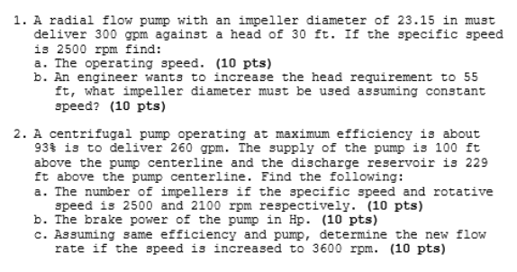 Solved 1. A radial flow pump with an impeller diameter of | Chegg.com