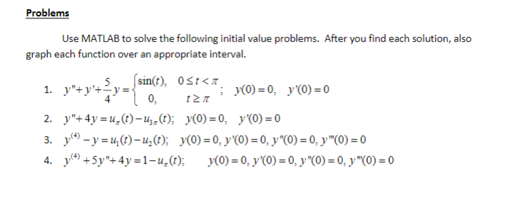 Problems Use MATLAB to solve the following initial value problems. After you find each solution, also graph each function ove