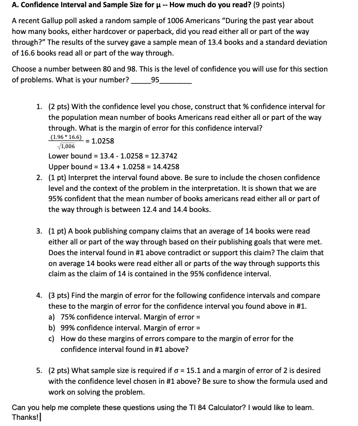 Solved A. Confidence Interval and Sample Size for μ-- How