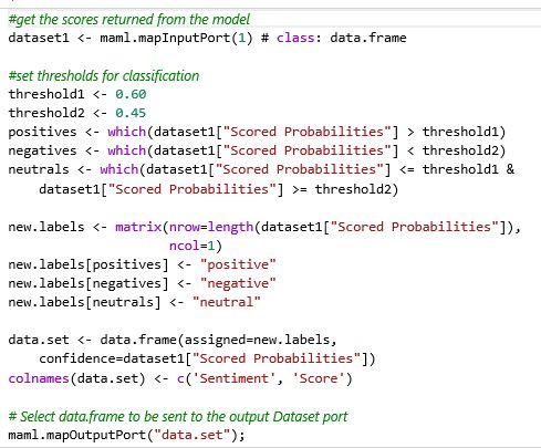 #get the scores returned from the model dataset1 <- maml.mapInput Port(1) # class: data.frame #set thresholds for classificat