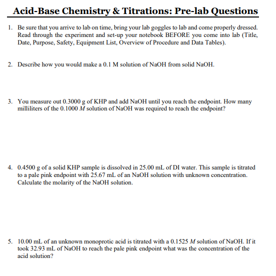 Solved AcidBase Chemistry \& Titrations Prelab Questions