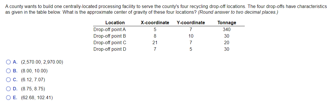 A county wants to build one centrally-located processing facility to serve the countys four recycling drop-off locations. Th