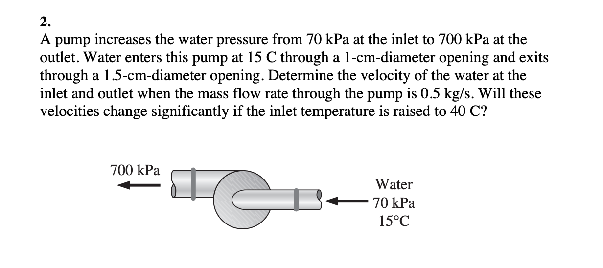 Solved 2. A pump increases the water pressure from 70kPa at