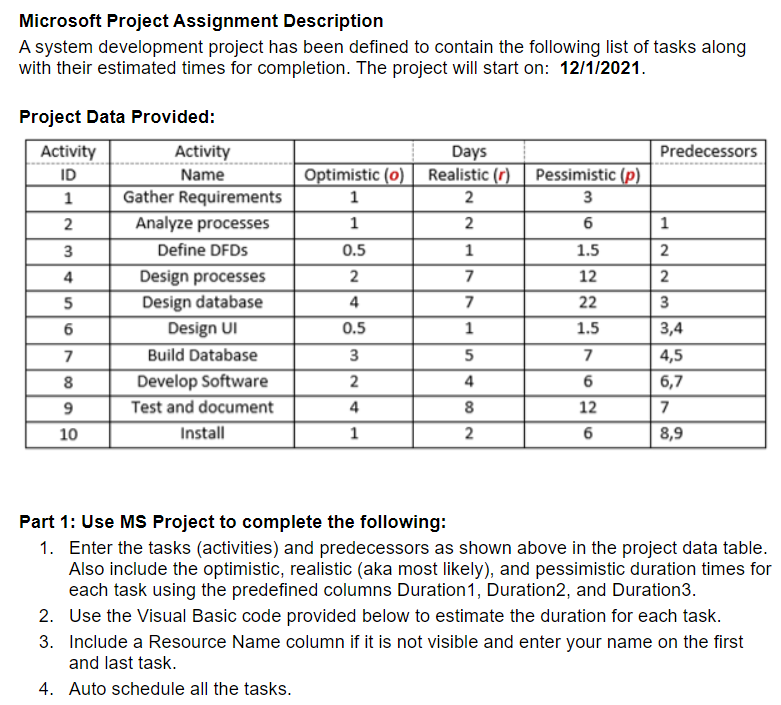 ms project practice assignment