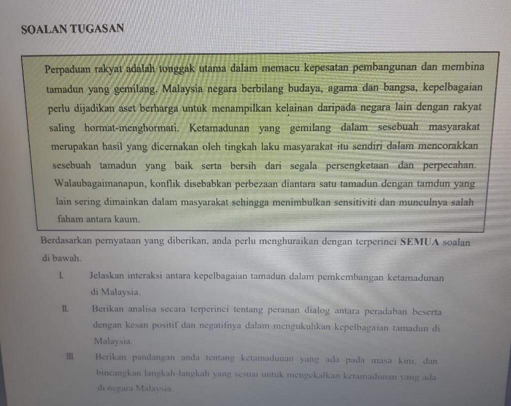 Soalan Tugasan Perpaduan Rakyat Adalah Tonggak Utama Chegg Com