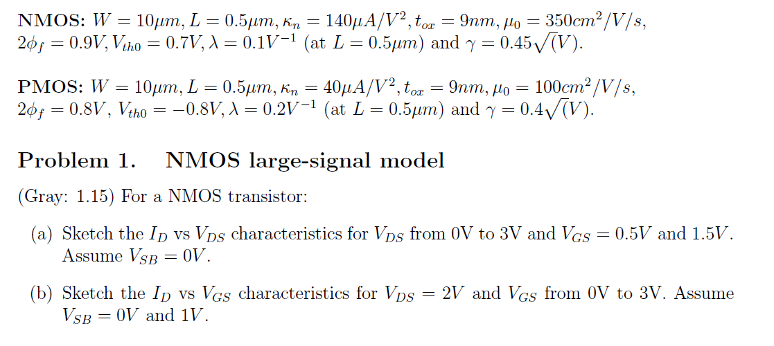 Solved Nmos W 10um L 0 5um Kn 1404a V2 Tox 9n Chegg Com