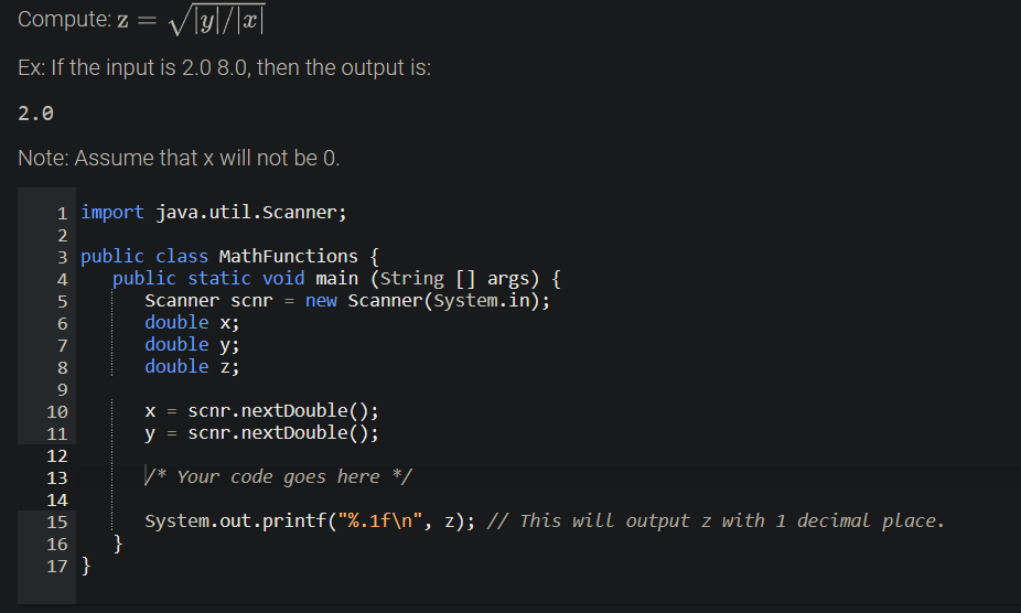 Solved ompute: z=∣y∣/∣x∣ x : If the input is 2.08.0, then | Chegg.com