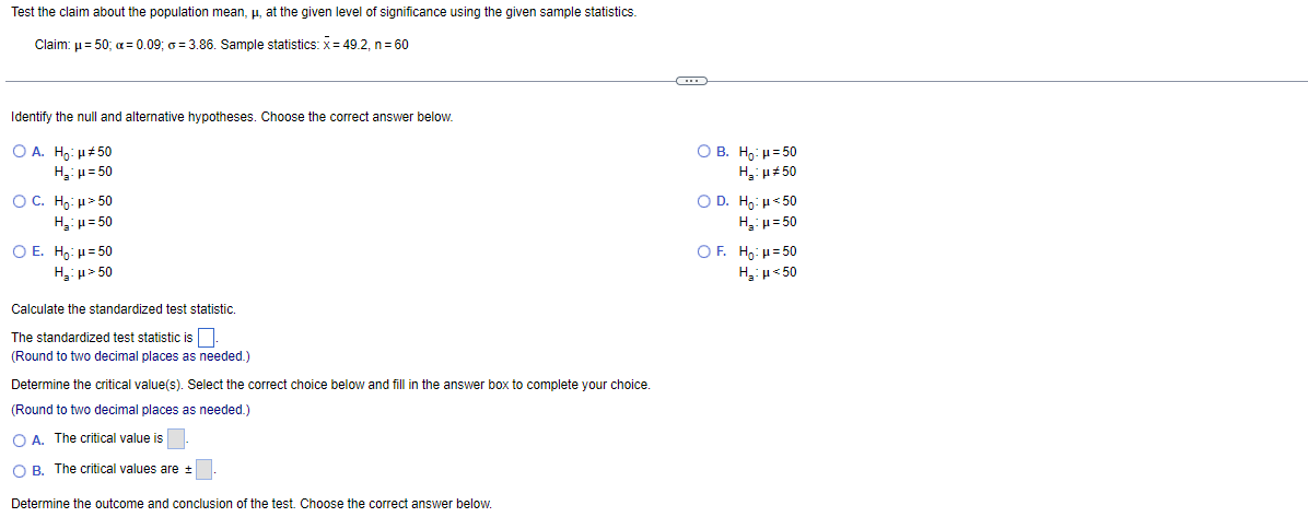 Solved Test the claim about the population mean, μ, at the | Chegg.com