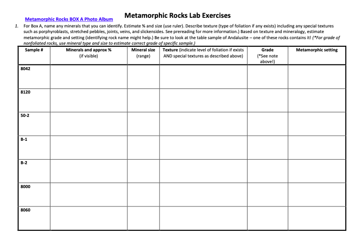 Solved Metamorphic Rocks BOX A Photo Album Metamorphic Rocks | Chegg.com