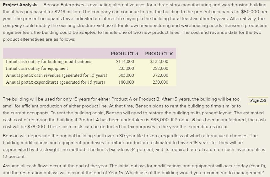 Solved Project Analysis Benson Enterprises is evaluating