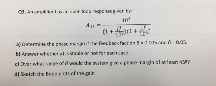 Solved Q3. An amplifier has an open loop response given by: | Chegg.com