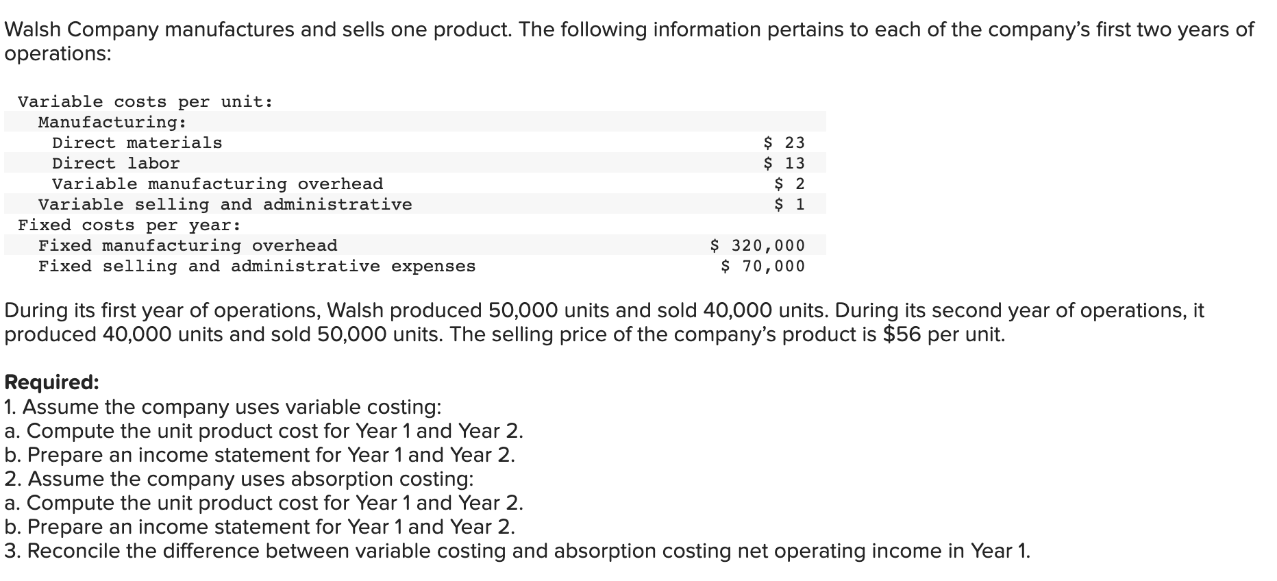 Solved Walsh Company Manufactures And Sells One Product. The | Chegg.com