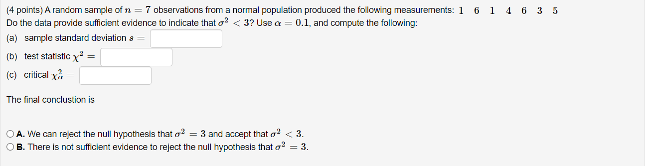 Solved (4 points) A random sample of n=7 observations from a | Chegg.com