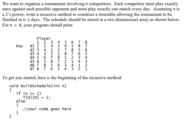 Java Tournament Program Solved We want to organize a tournament involving n | Chegg.com