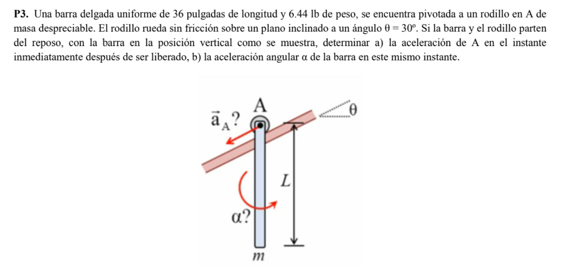 P3. Una barra delgada uniforme de 36 pulgadas de longitud y \( 6.44 \mathrm{lb} \) de peso, se encuentra pivotada a un rodill