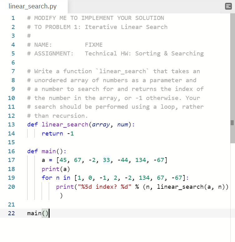 Solved Problem 1: Iterative Linear Search Write a function | Chegg.com