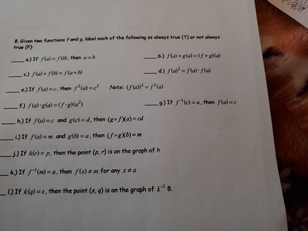 Solved 8 Given Two Functions F And G Label Each Of The Chegg Com