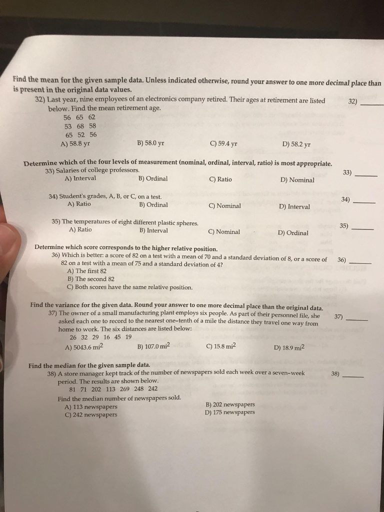Solved Find the mean for the given sample data. Unless | Chegg.com