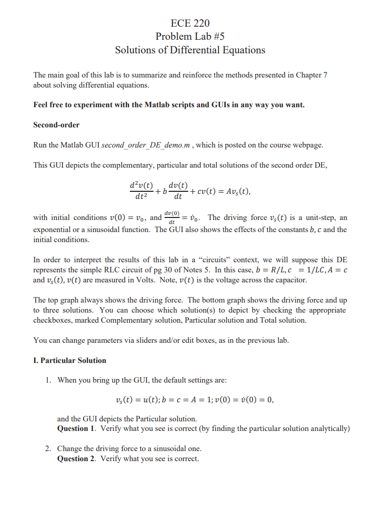 ECE 220 Problem Lab #5 Solutions Of Differential | Chegg.com