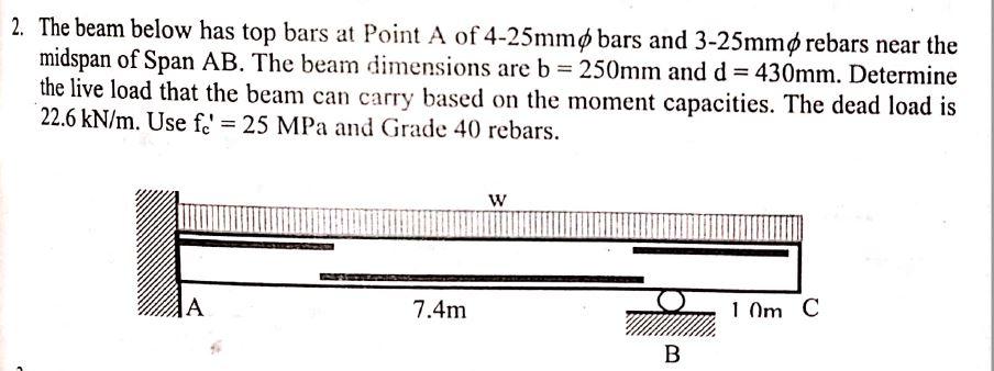 Solved 2. The beam below has top bars at Point A of 4-25mmø | Chegg.com