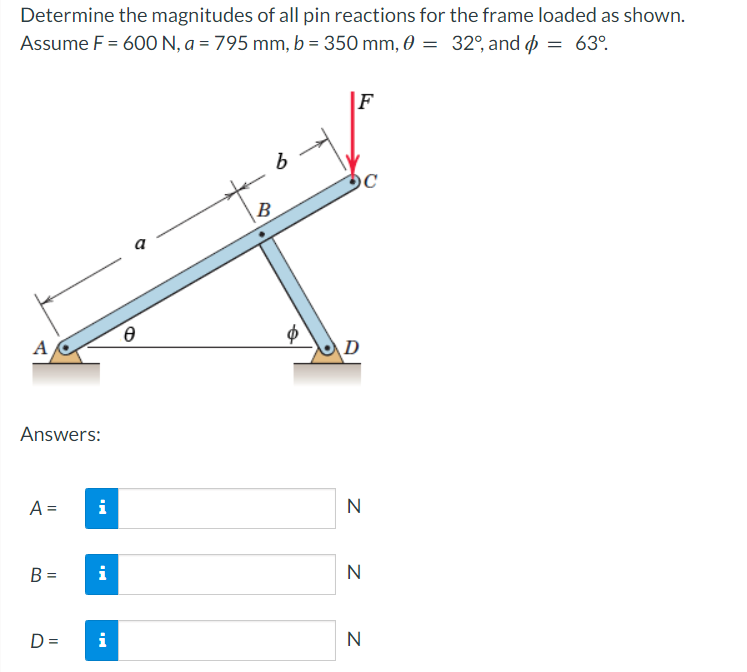 Determine the magnitudes of all pin reactions for the frame loaded as shown.
Assume F = 600 N, a = 795 mm, b = 350 mm, 0 = 32