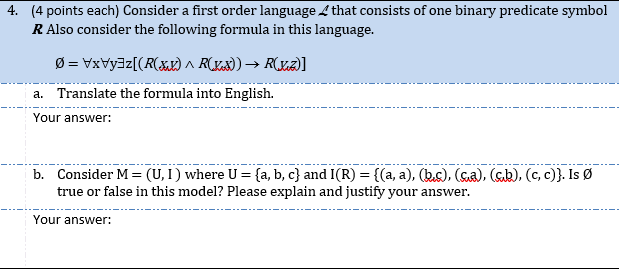 Solved 4. (4 points each) Consider a first order language | Chegg.com