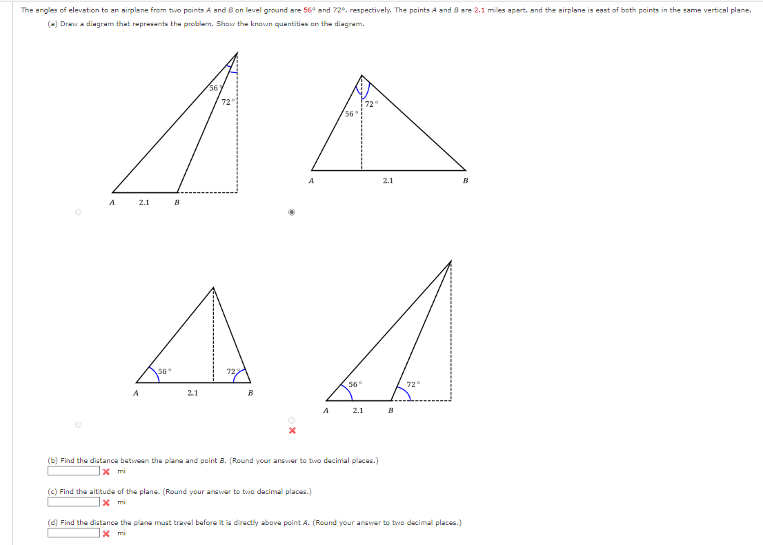 Solved The angles of elevation to an airplane from two | Chegg.com, image size:1106x791