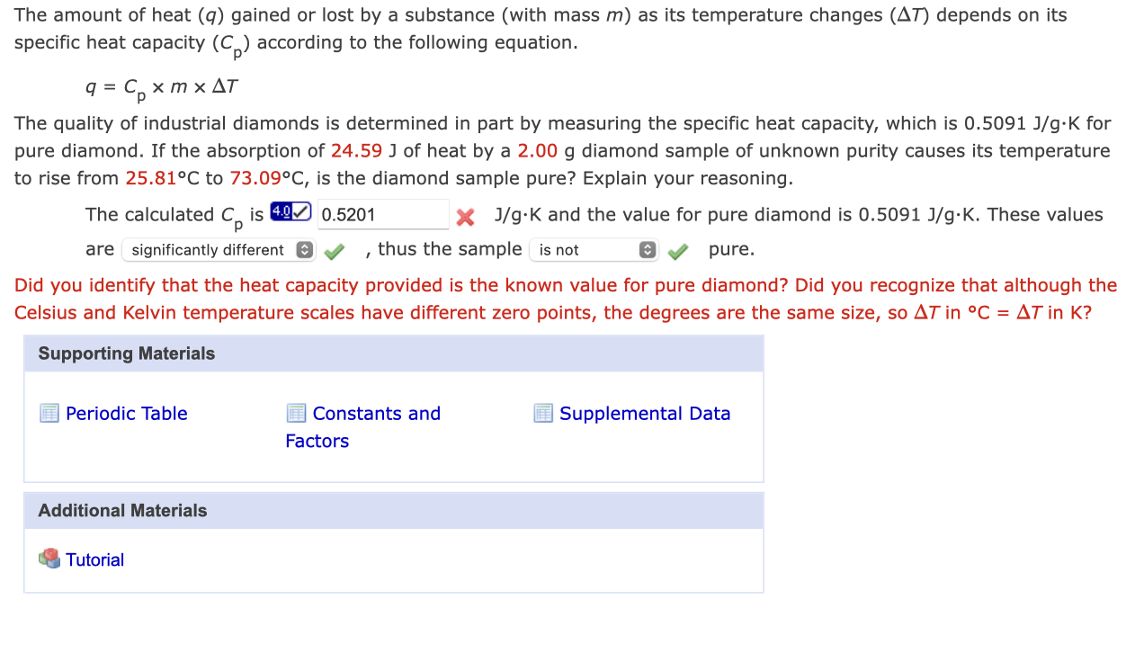 The amount of heat \( (q) \) gained or lost by a substance (with mass \( m \) ) as its temperature changes \( (\Delta T) \) d