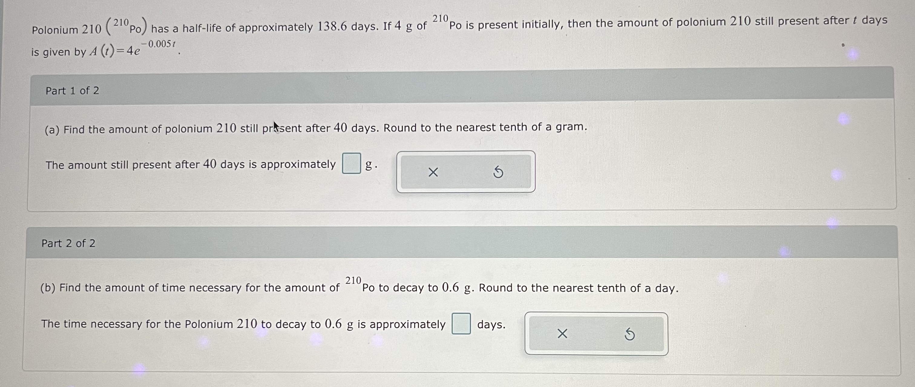 Solved Polonium 210(210Po) has a half-life of approximately | Chegg.com