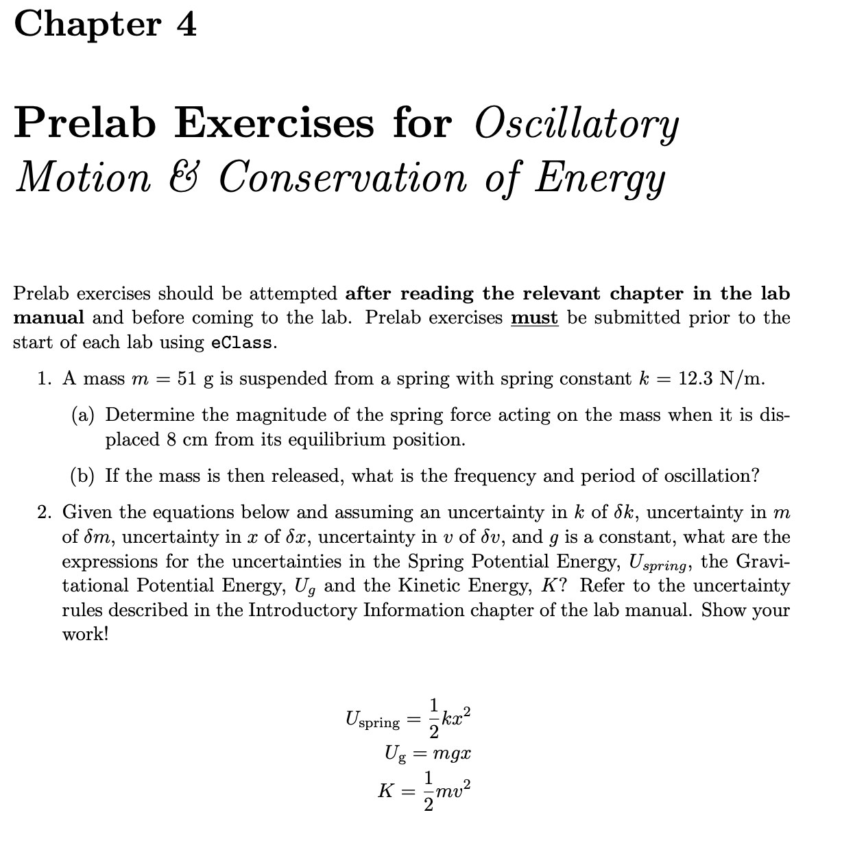 Solved Prelab Exercises for Oscillatory Motion &
