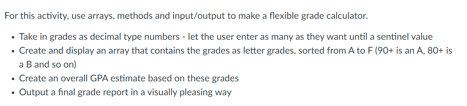 Solved For this activity, use arrays, methods and | Chegg.com