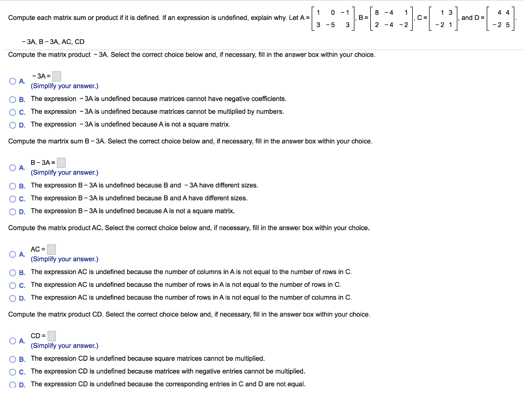 Solved Compute each matrix sum or product if it is defined. | Chegg.com