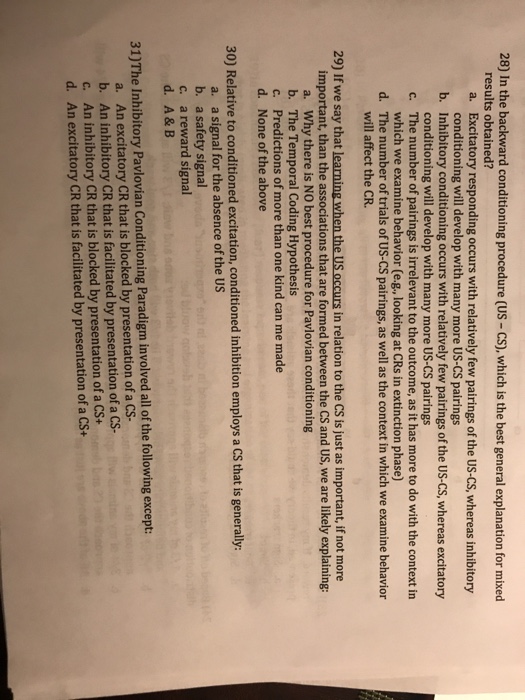 Solved 28) In the backward conditioning procedure (US - CS), | Chegg.com