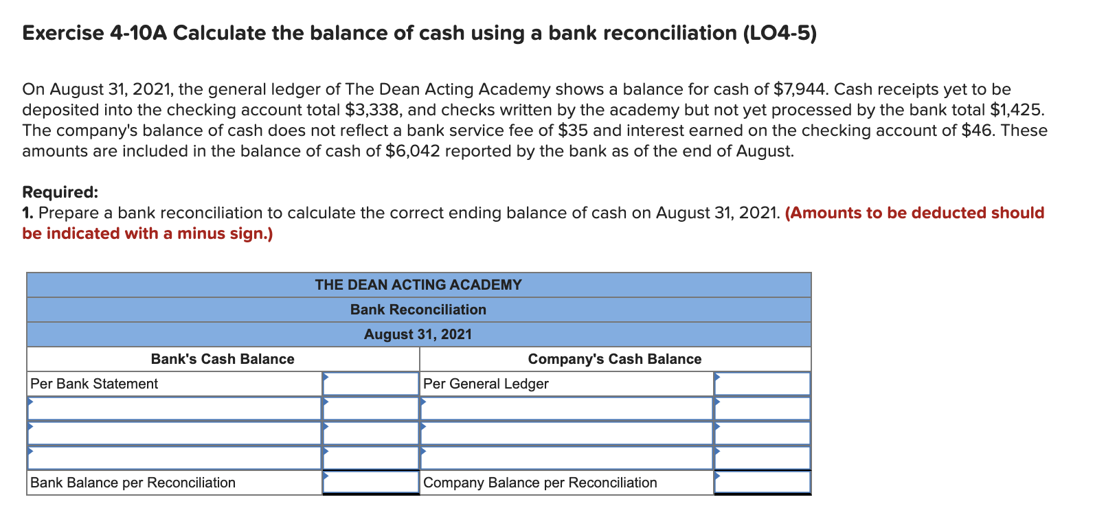 Solved Exercise 410A Calculate the balance of cash using a