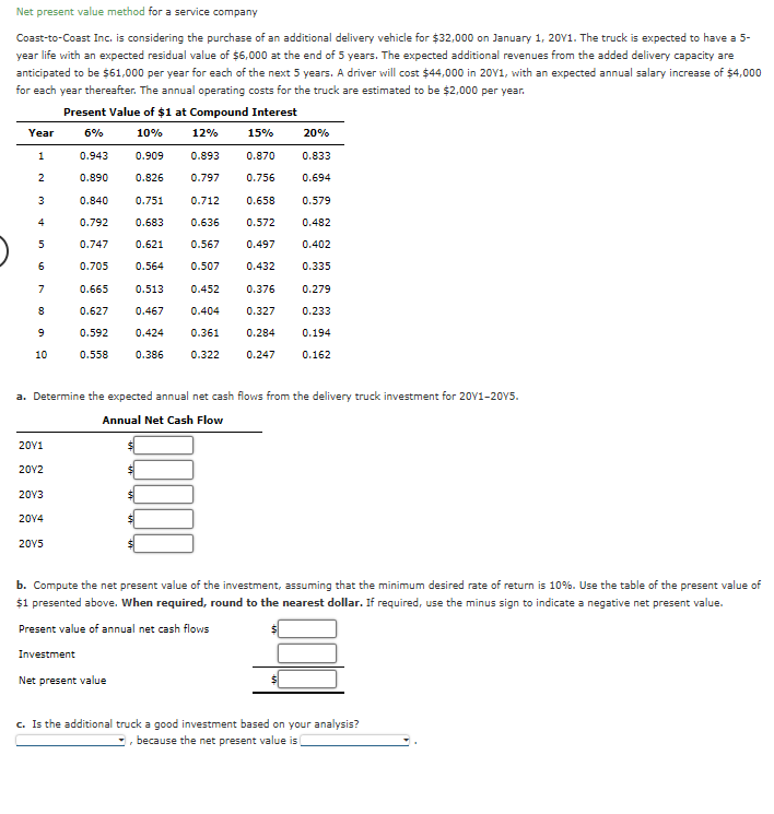 Solved Net present value method for a service company | Chegg.com