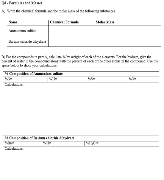 Solved Q6 - Formulas And Masses A) Write The Chemical 