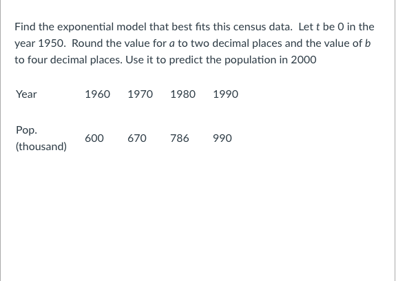 Solved Find the exponential model that best fits this census | Chegg.com