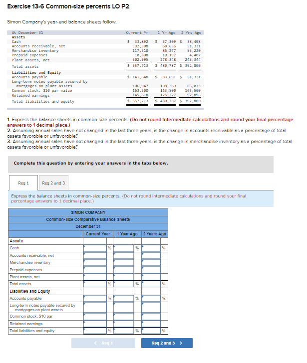 Solved Exercise 13-6 Common-size Percents Lo P2 Simon 
